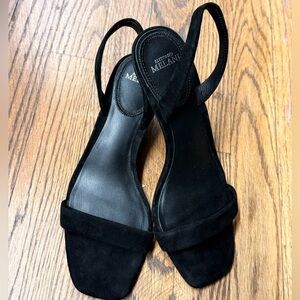 ANTONIO MELANI Suede Slingback Block Heel Sandals in Black
